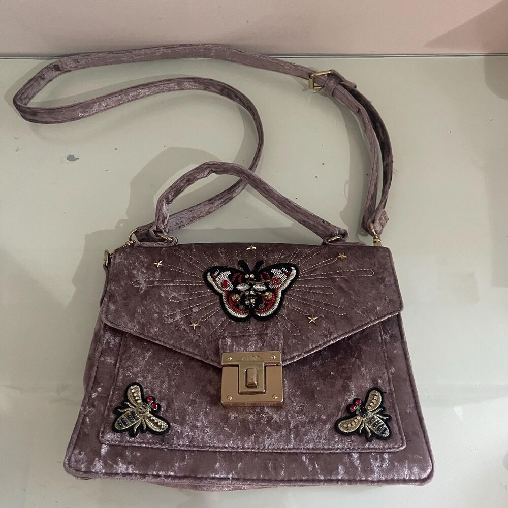 Aldo Durosty Satchel In Velvety Pale Pink Velvet Butterflies Small Purse Handbag